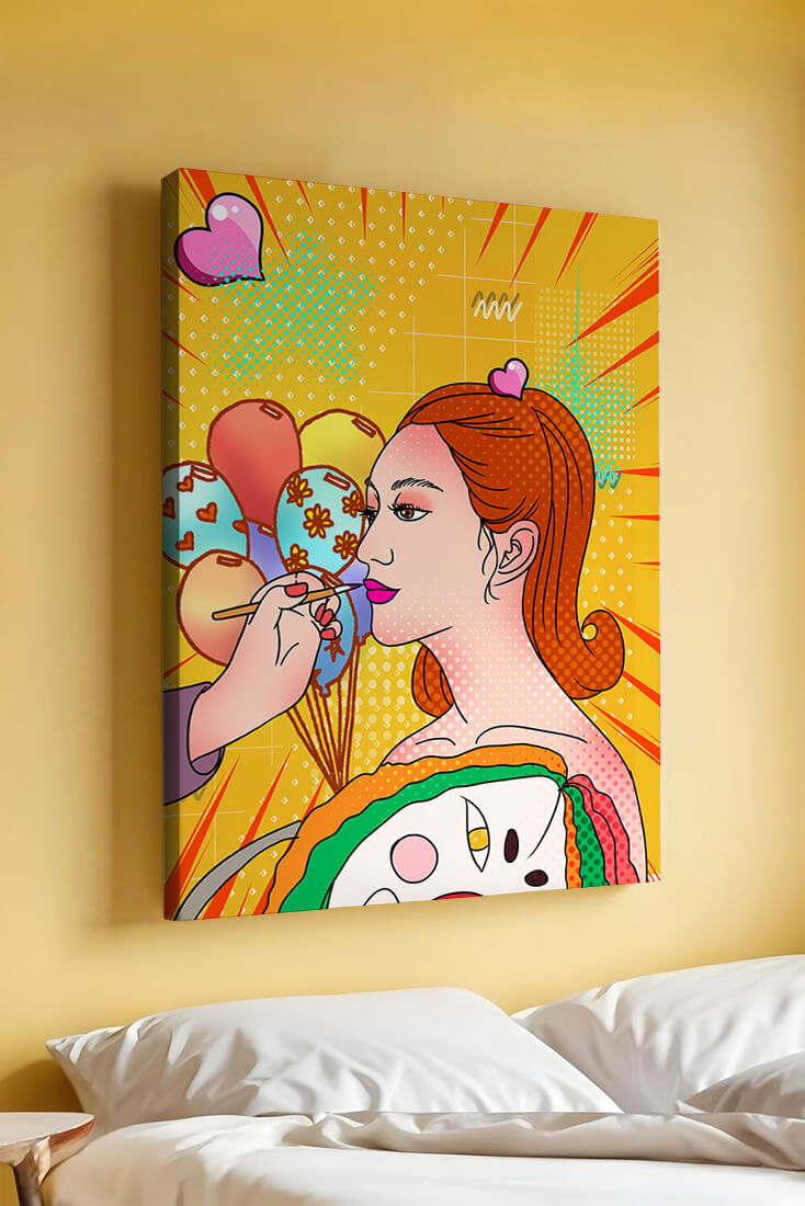 Colorful pop art woman portrait with balloons and vibrant patterns