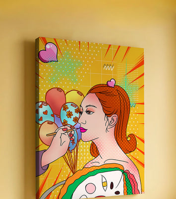 Colorful pop art woman portrait with balloons and vibrant patterns