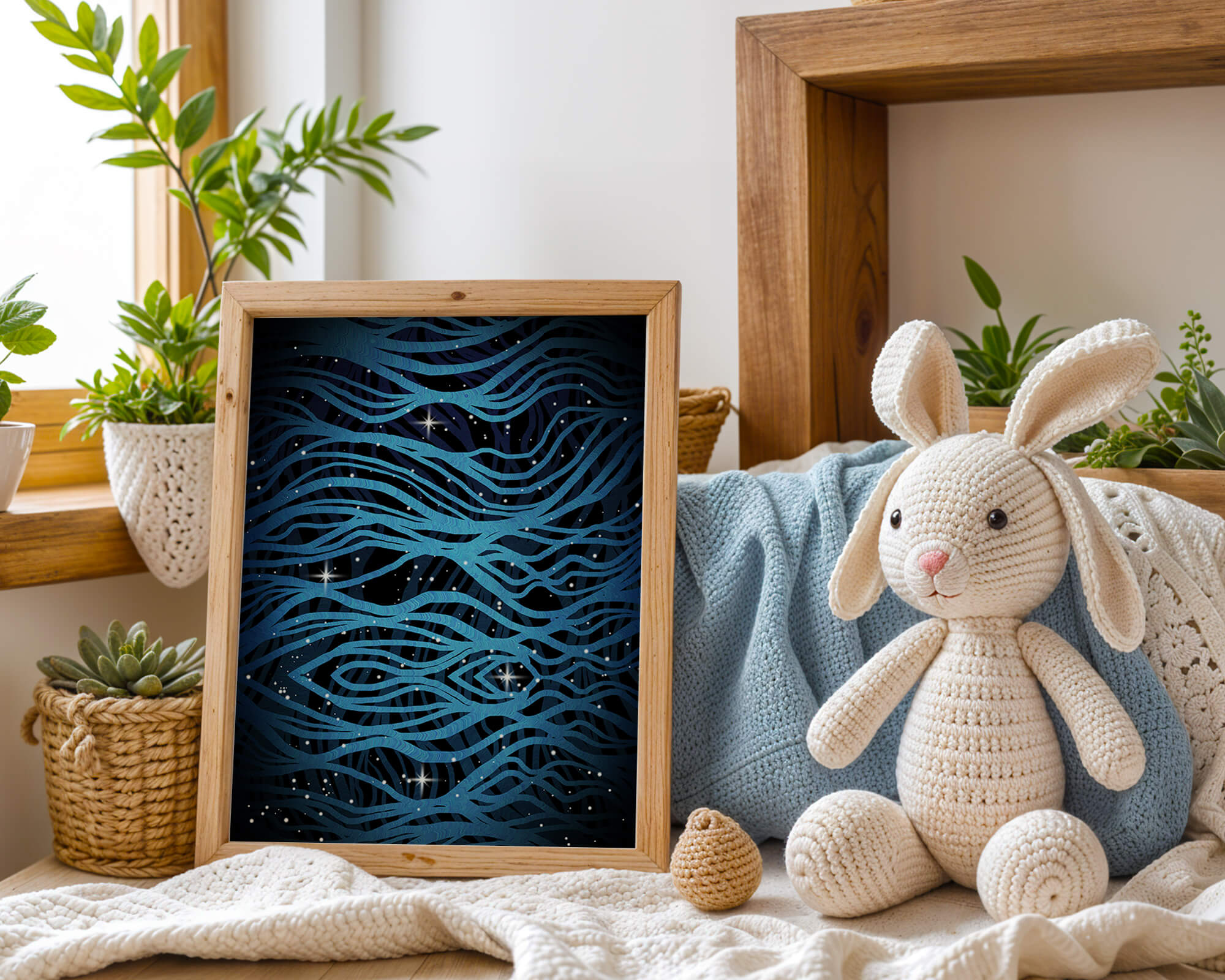 Abstract blue wave lines with starry night background
