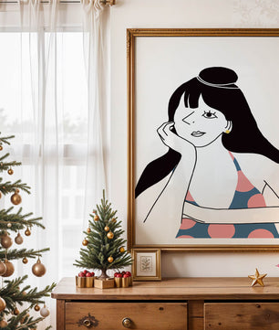 Elegant Minimalist Woman Portrait with Polka Dot Dress and Gold Earring - Mi tienda