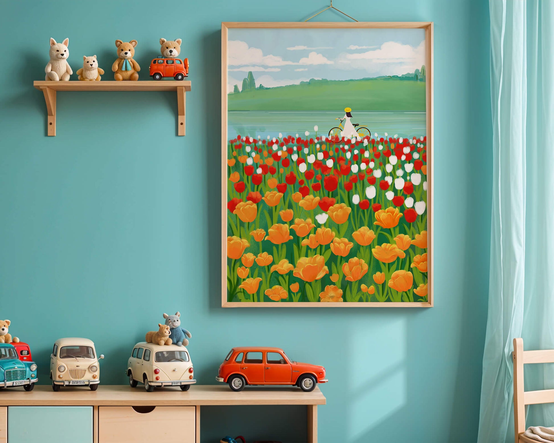 Woman with bicycle in vibrant tulip field by a lake