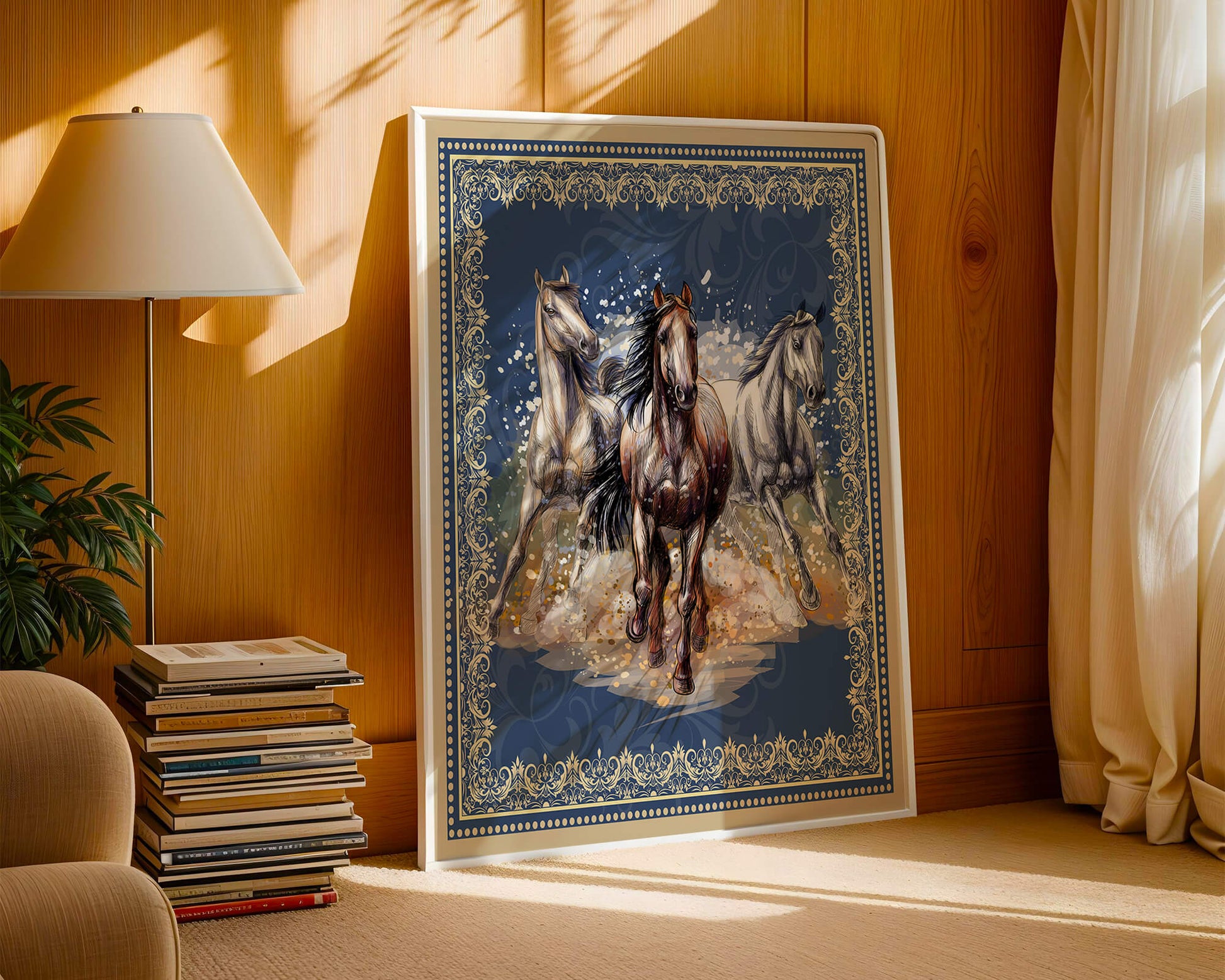 Running horses framed with elegant golden border on a blue background
