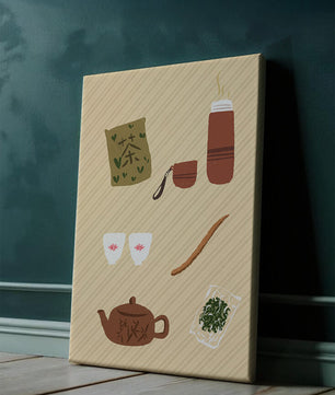 Illustración de un juego de té tradicional con hojas de té y accesorios