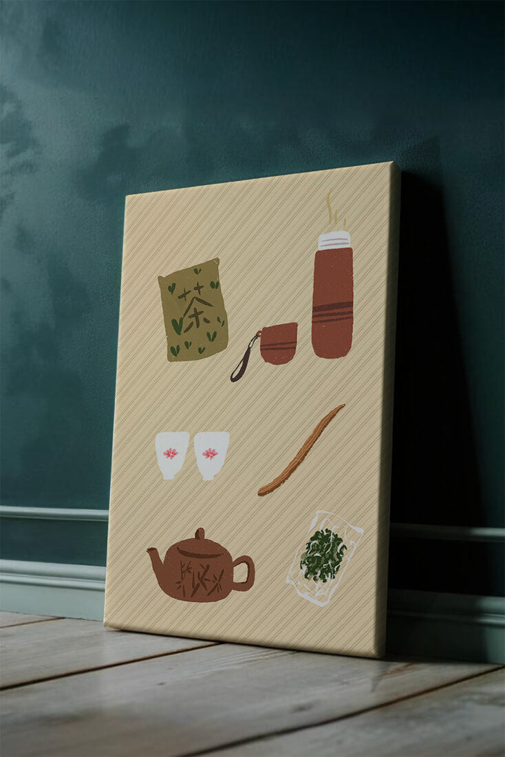 Illustración de un juego de té tradicional con hojas de té y accesorios
