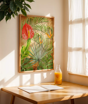 Colorful botanical illustration with tropical leaves on textured background