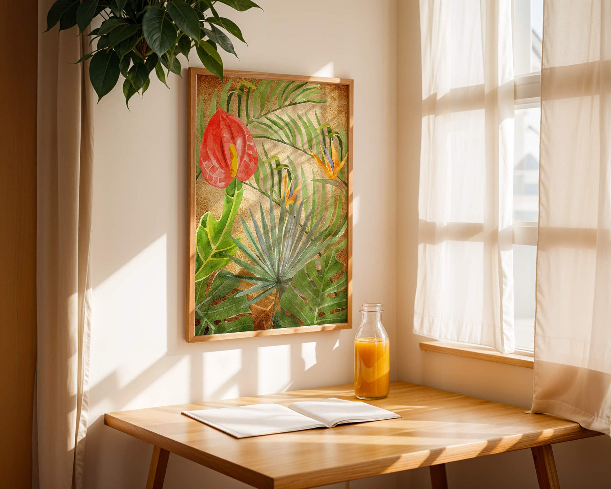Colorful botanical illustration with tropical leaves on textured background