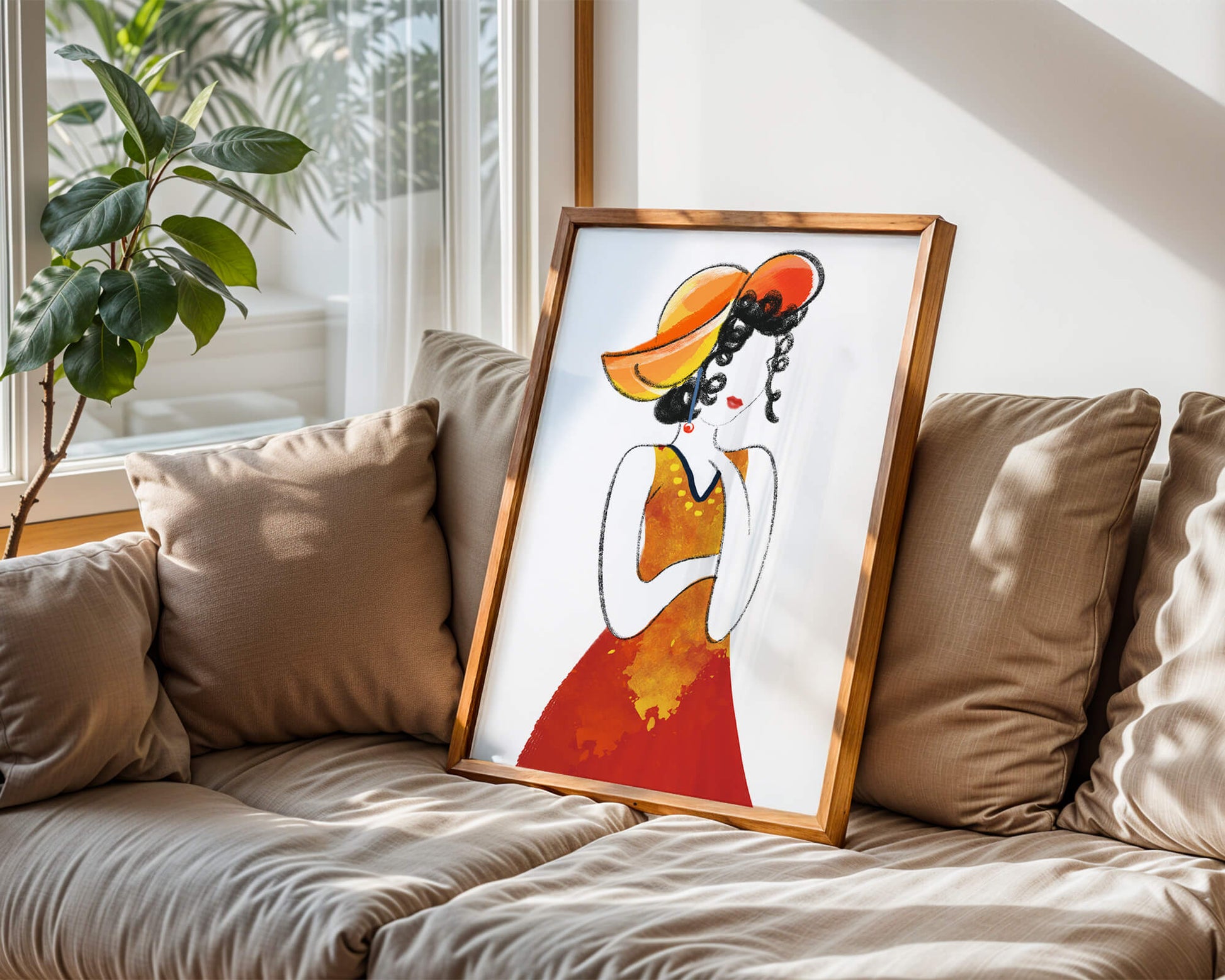 Elegant woman in a vibrant hat and dress illustration