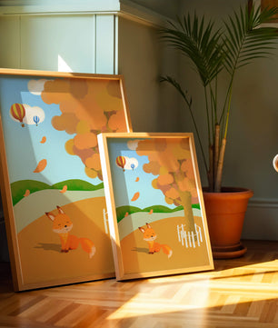 Herbstszene mit einem süßen Fuchs, Heißluftballons und einem bunten Baum