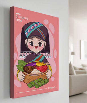 Personnage de dessin animé charmant en tenue traditionnelle tenant un panier de nourriture coloré