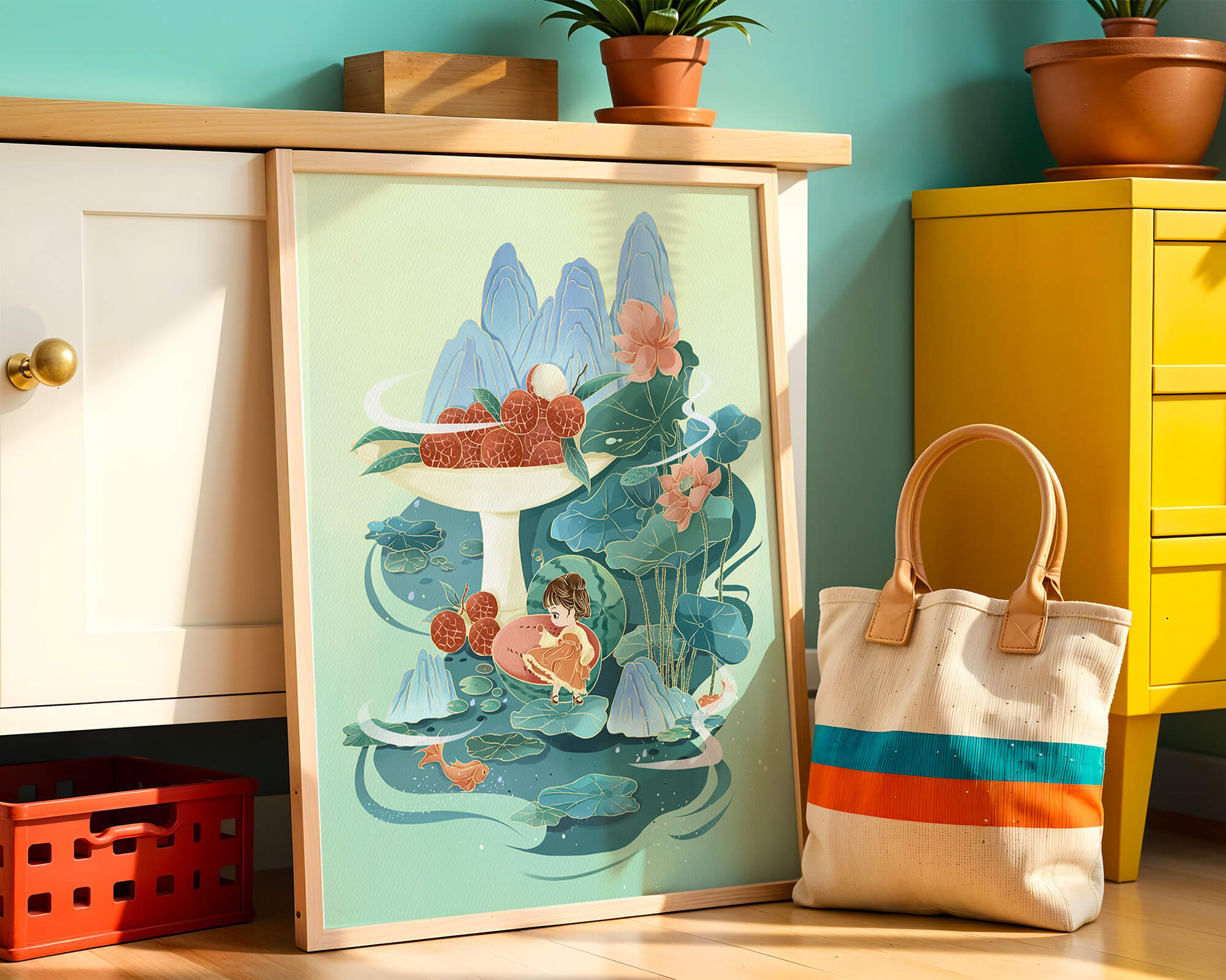 Whimsical illustration with girl, lychee, and lotus flowers