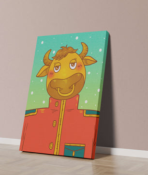 Cartoon cow character in a red coat against a snowy background
