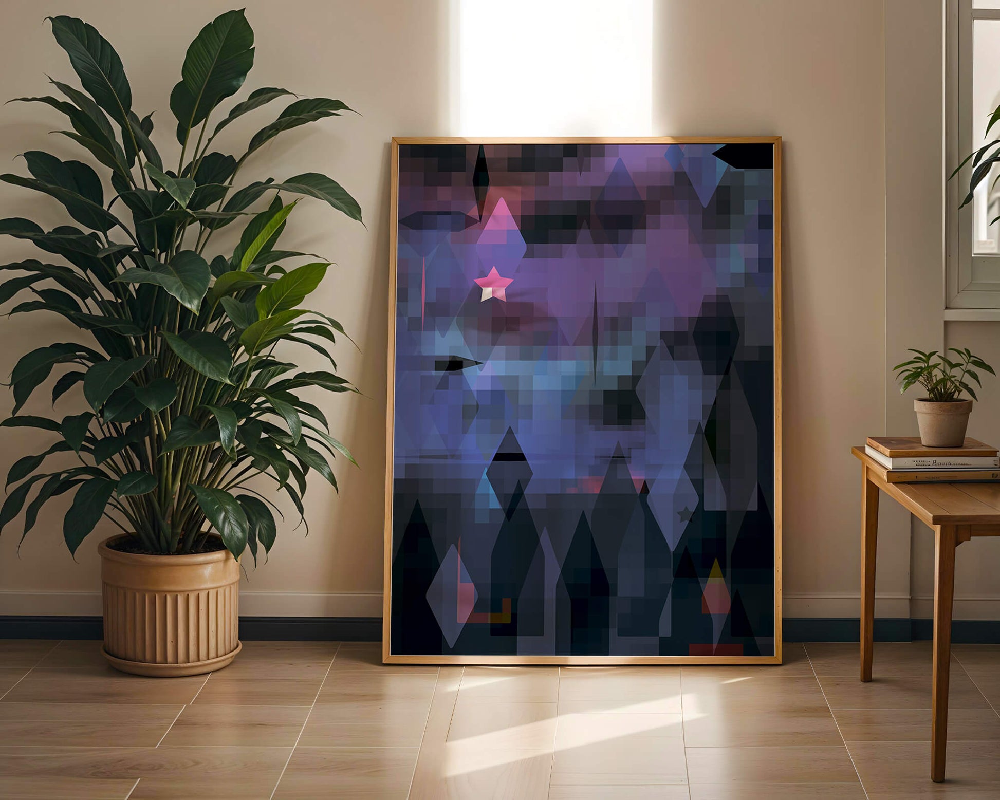Geometrische abstrakte Kunst in lebhaften Blau- und Lilatönen