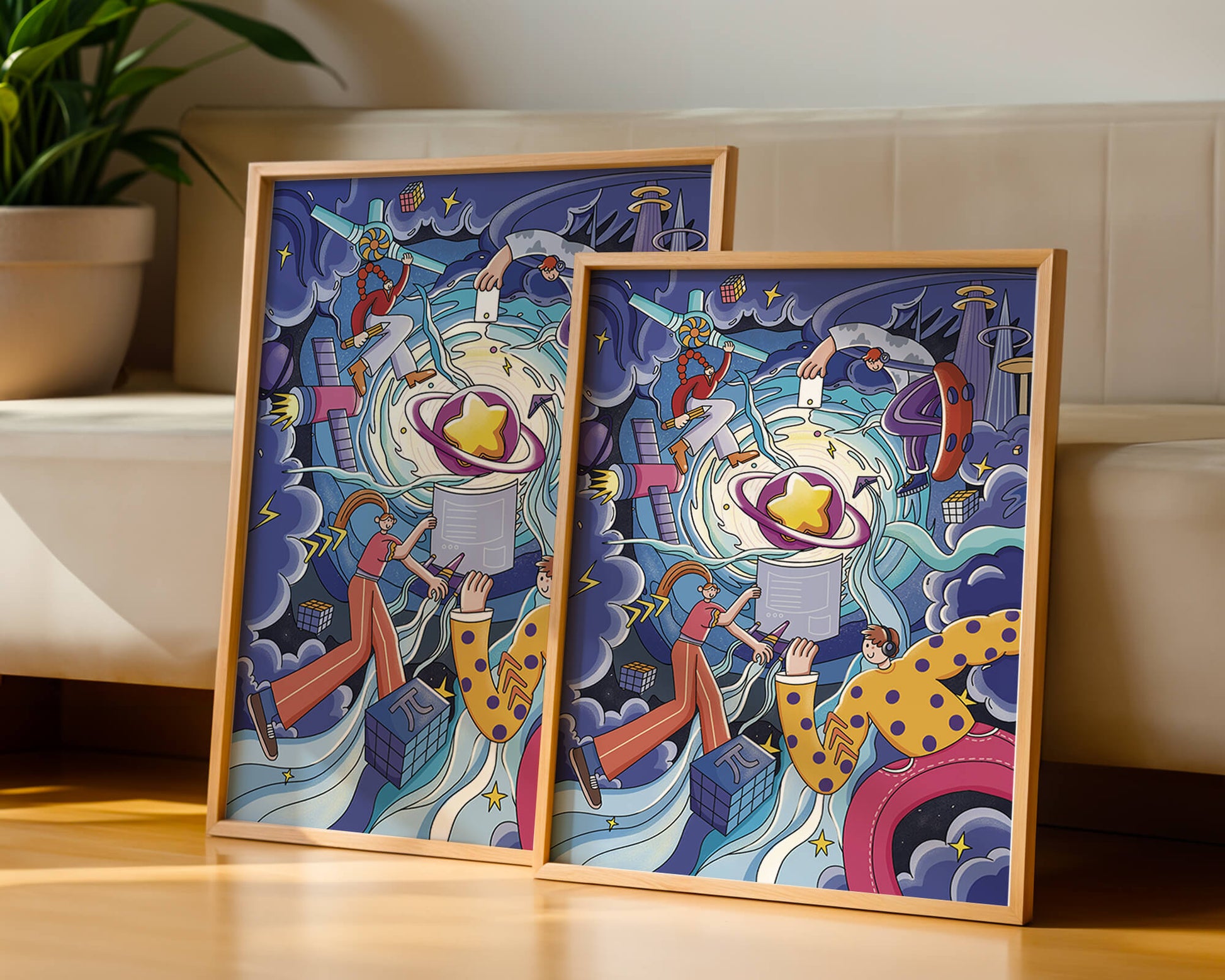 Colorful Cosmic Exploration with Animated Characters and Geometric Shapes