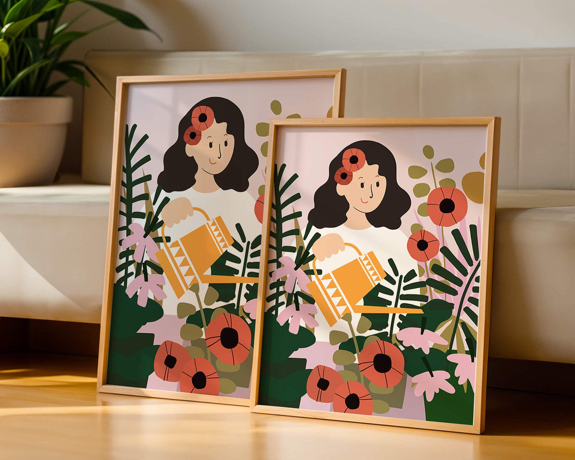 Woman watering plants surrounded by vibrant flowers and greenery