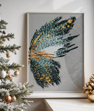 Ala de mariposa abstracta con detalles turquesa y dorados