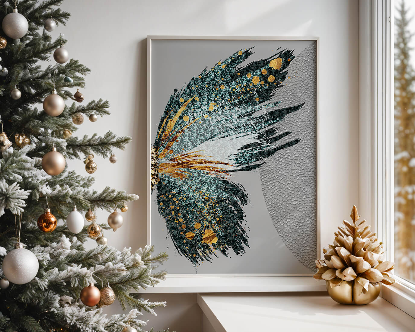 Ala de mariposa abstracta con detalles turquesa y dorados