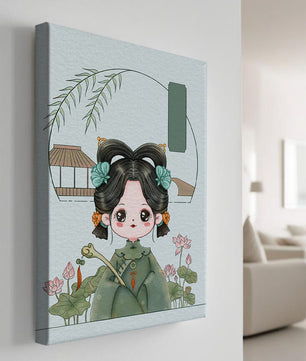 Charming illustration of a cute character in traditional Asian attire with floral elements