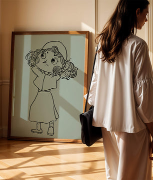 Hand-Drawn Illustration of a Thoughtful Cartoon Character with Curly Hair and a Beanie