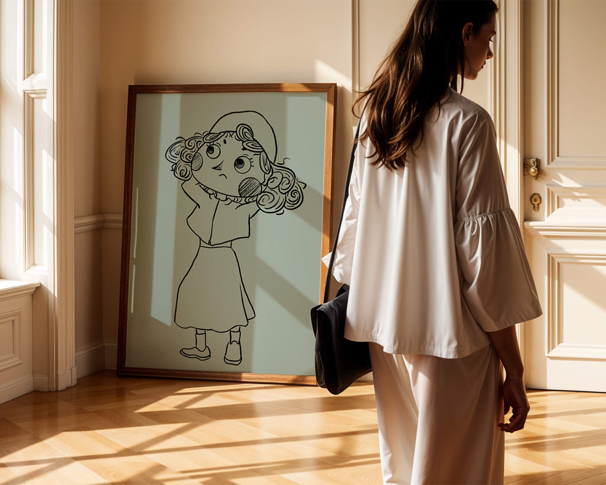 Ilustración a mano de un personaje de dibujos animados pensativo con cabello rizado y gorro