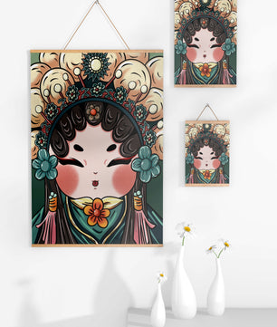 Ilustración encantadora de una muñeca china tradicional con tocado floral