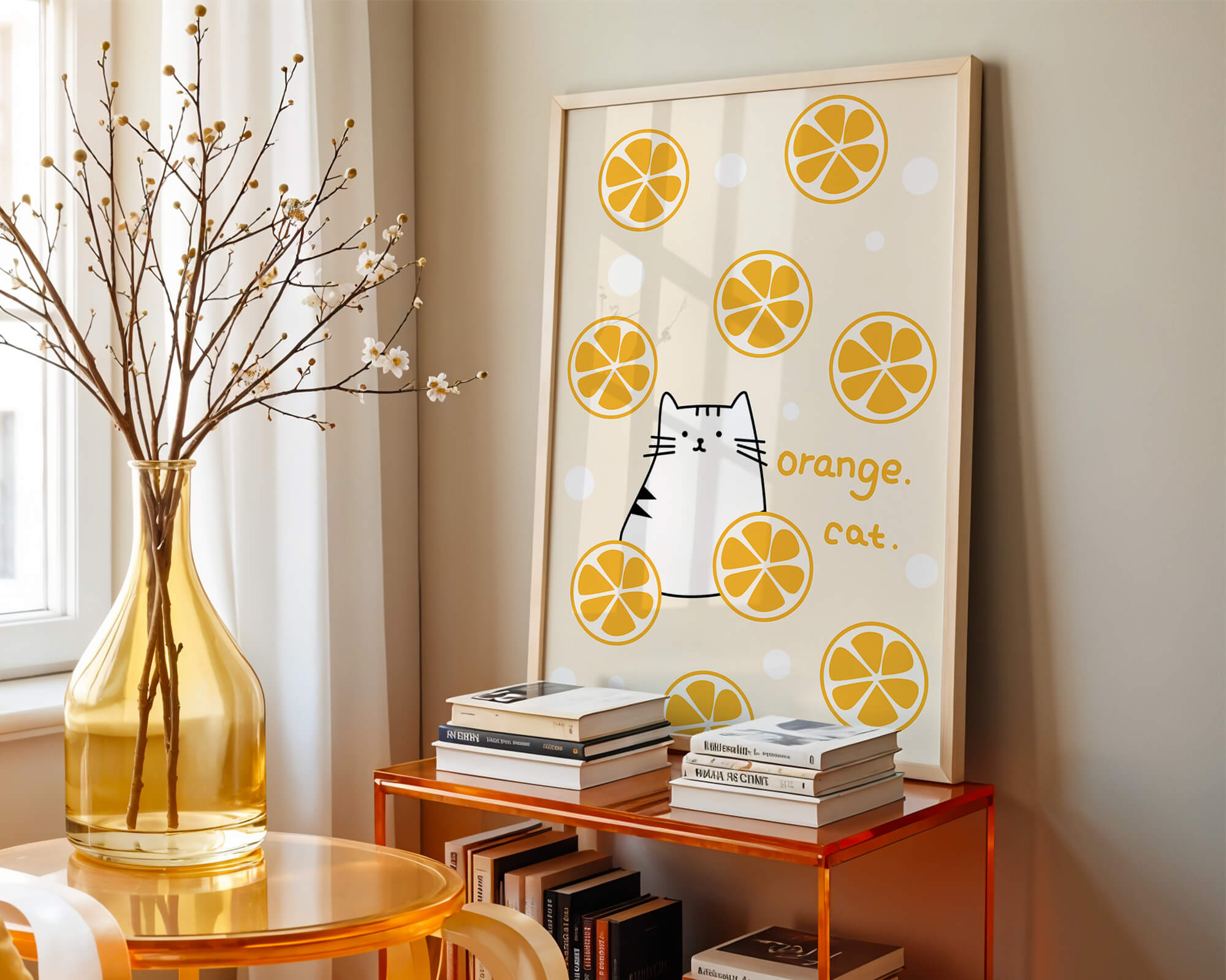 Playful illustration featuring a cat and orange slices