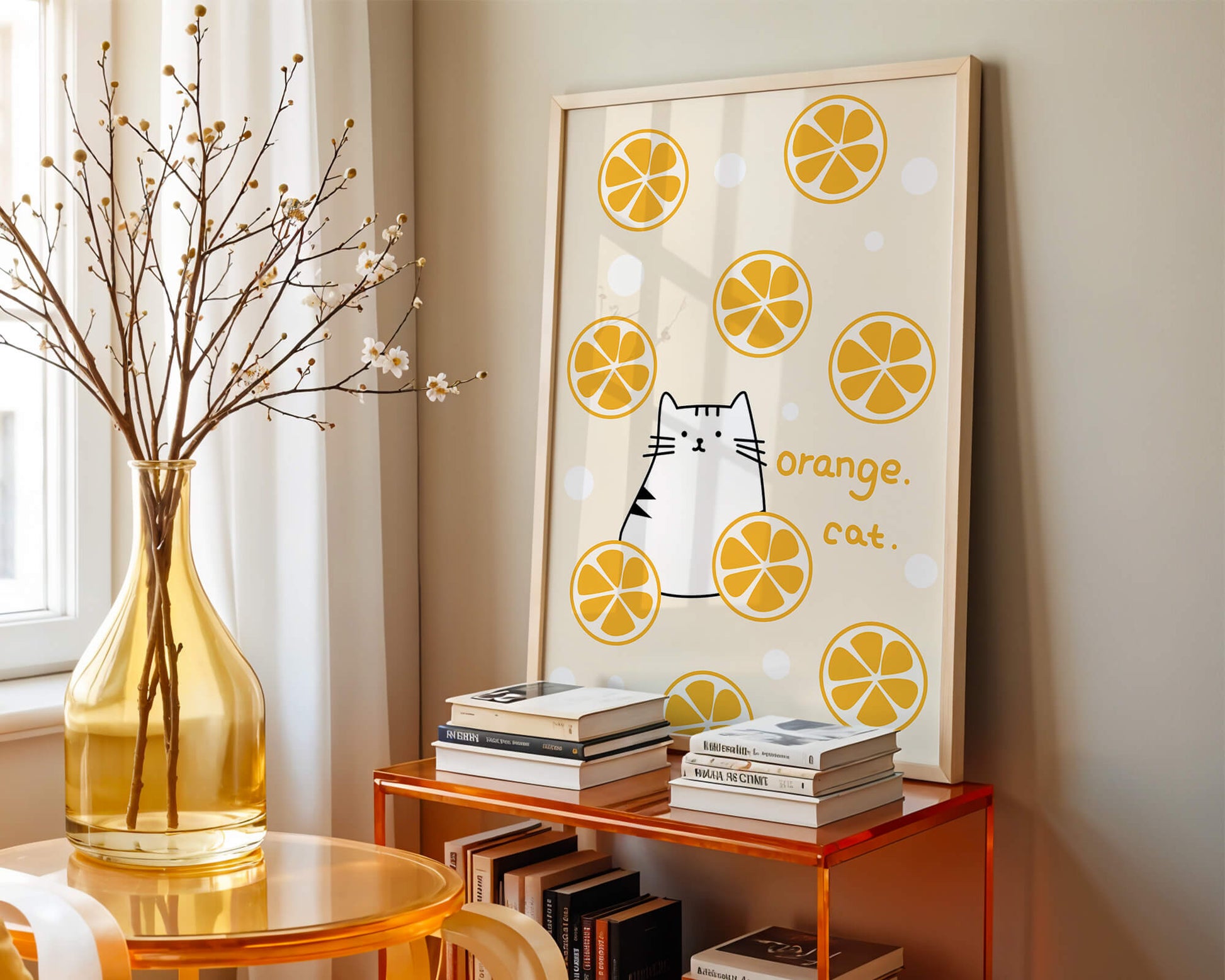 Playful illustration featuring a cat and orange slices
