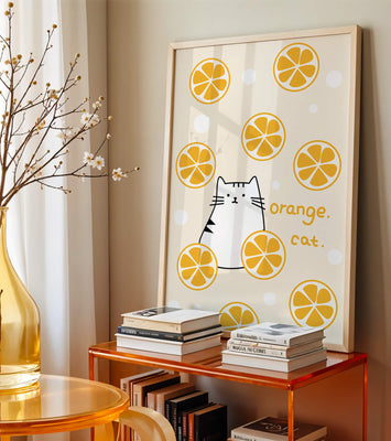 Playful illustration featuring a cat and orange slices
