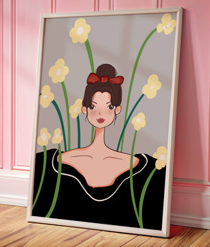 Ilustración de una mujer con fondo floral y lazo rojo