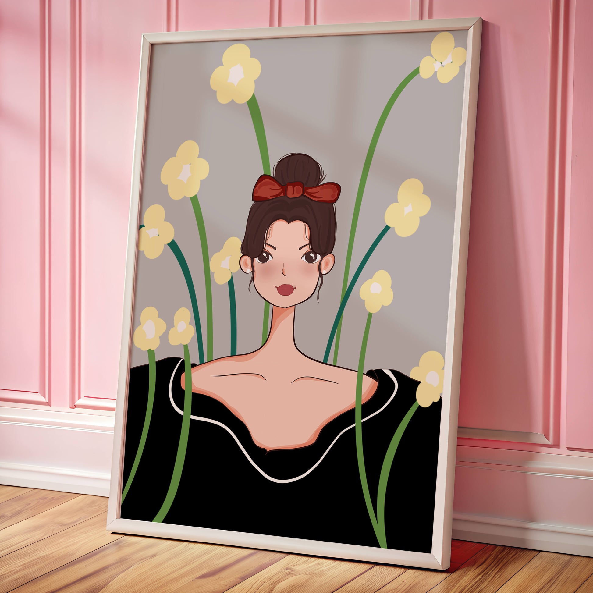 Illustration of a woman with floral background and red bow