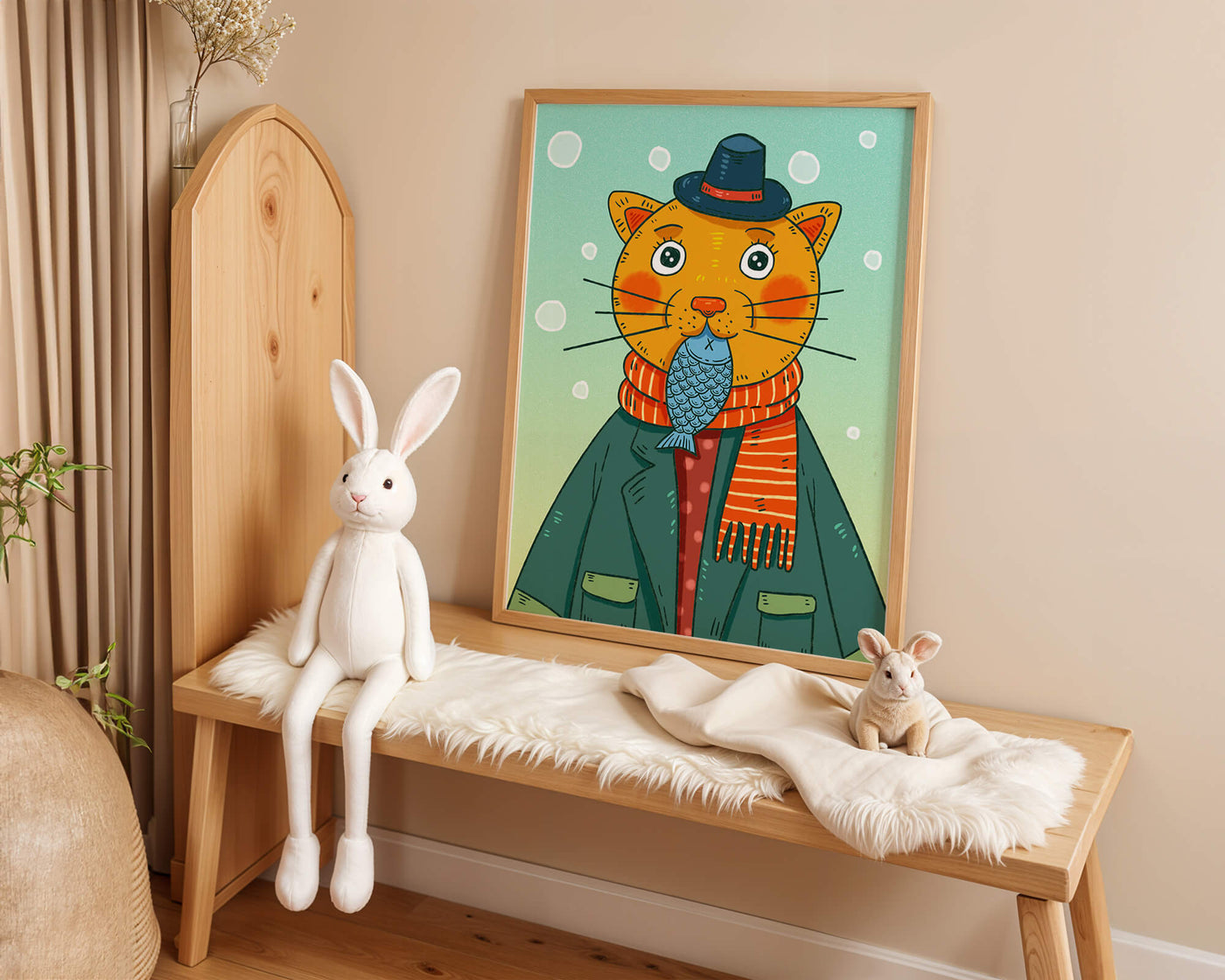 Whimsical cat dressed in colorful winter attire