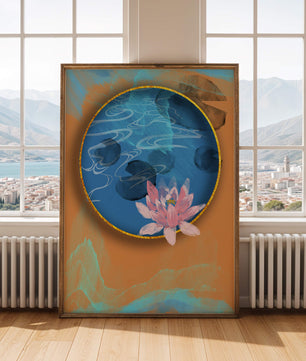 Abstrakte Seerosenkunst mit goldenen Akzenten auf blauem und orangefarbenem Hintergrund