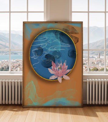 Abstract water lily art with gold accents on blue and orange background