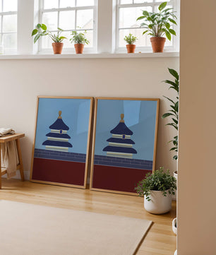 Ilustración abstracta del Templo del Cielo con detalles azules y dorados