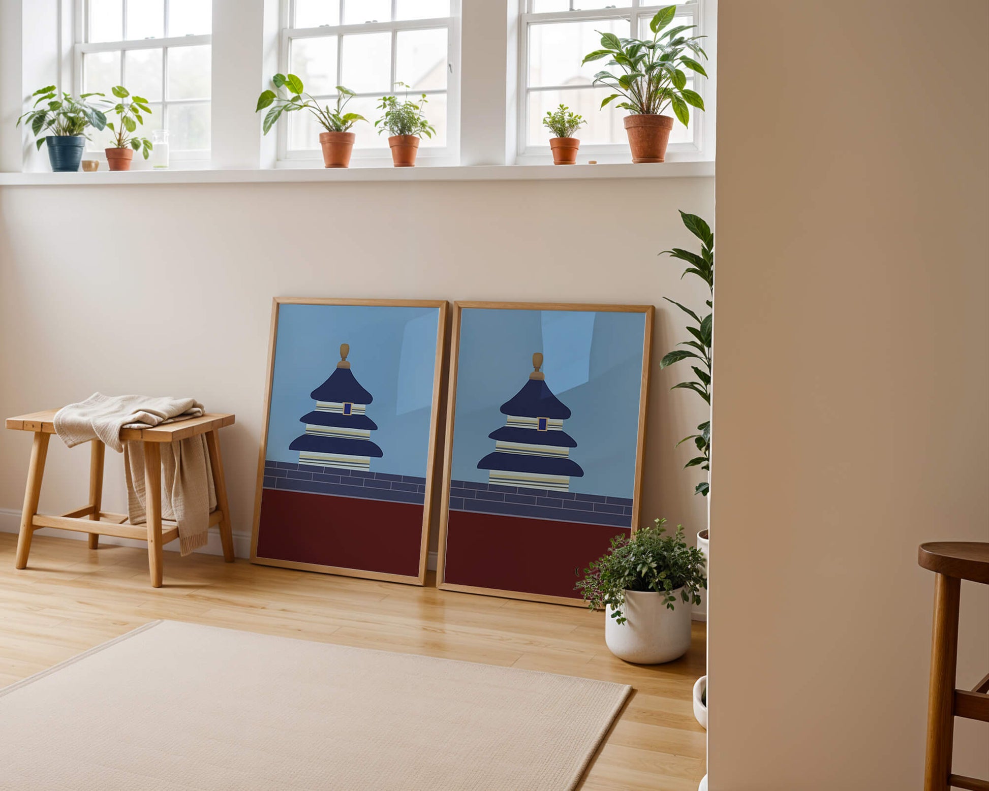 Ilustración abstracta del Templo del Cielo con detalles azules y dorados