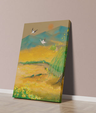 Ruhige Landschaft mit fliegenden Kranichen und goldenen Blüten