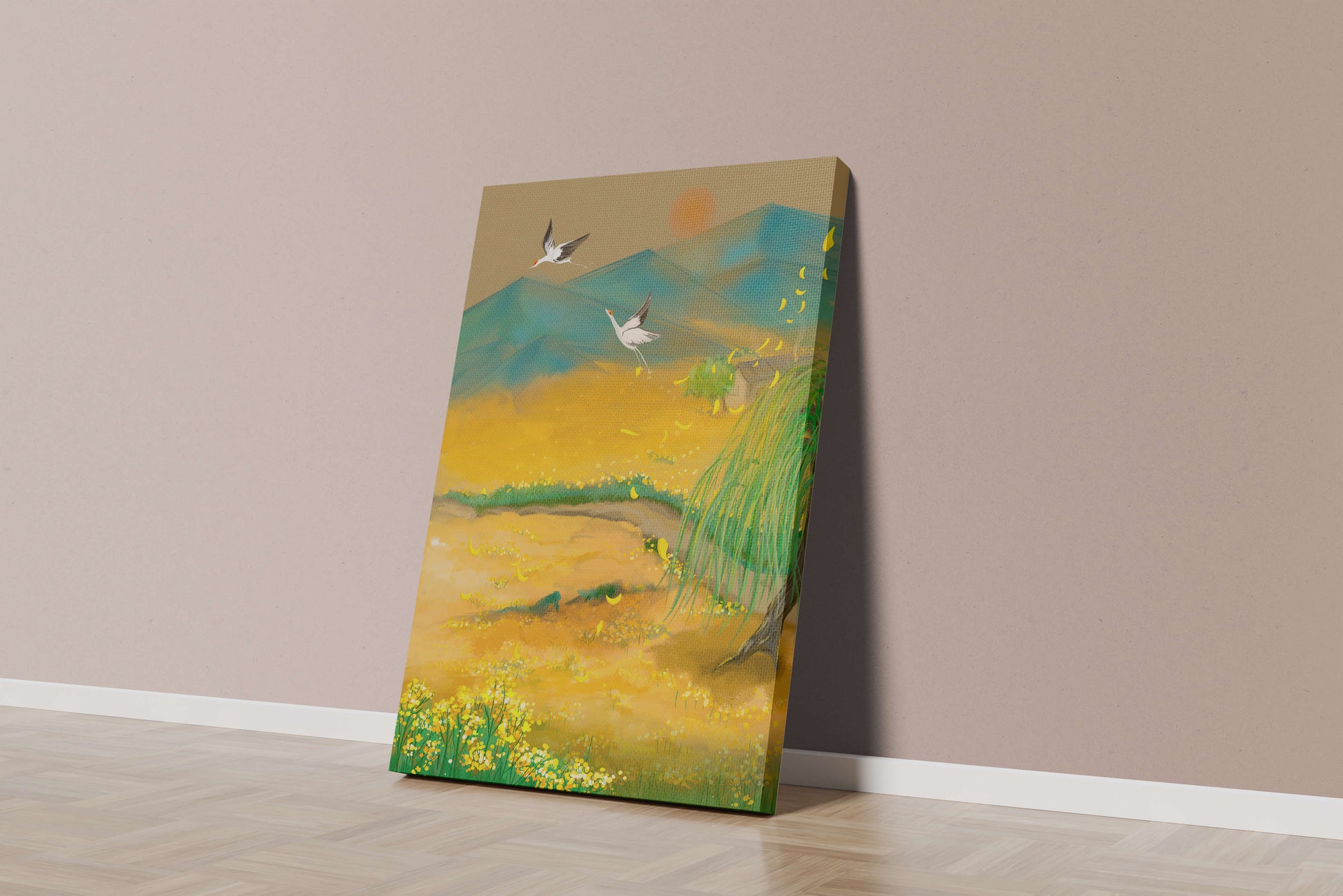 Ruhige Landschaft mit fliegenden Kranichen und goldenen Blüten