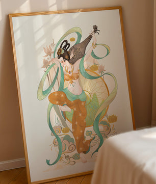 Elegant depiction of an Asian-inspired musician with floral and ribbon motifs