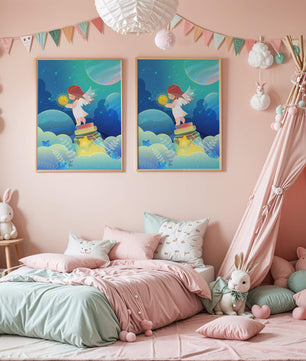 Enchanting angel collecting stars in a dreamy night sky