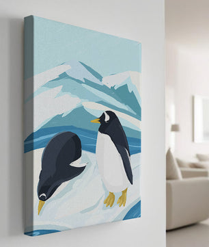 Gentoo penguins in an Antarctic landscape illustration