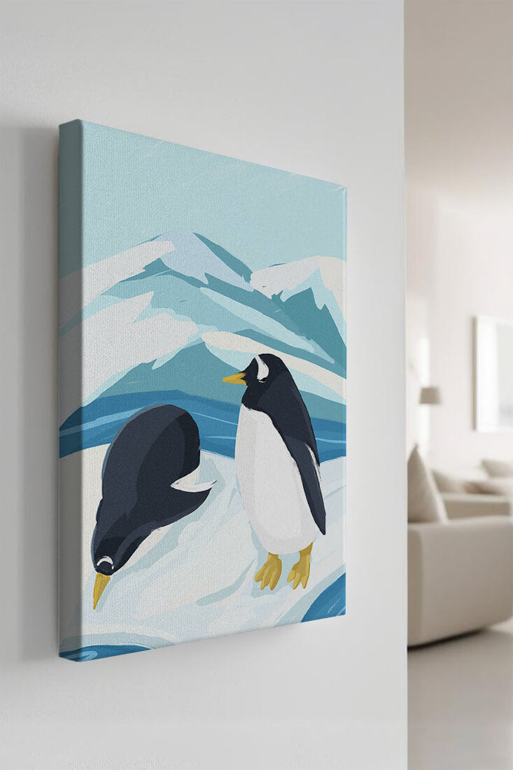 Gentoo penguins in an Antarctic landscape illustration