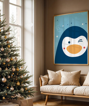 Pingüino animado juguetón sobre un fondo azul caprichoso