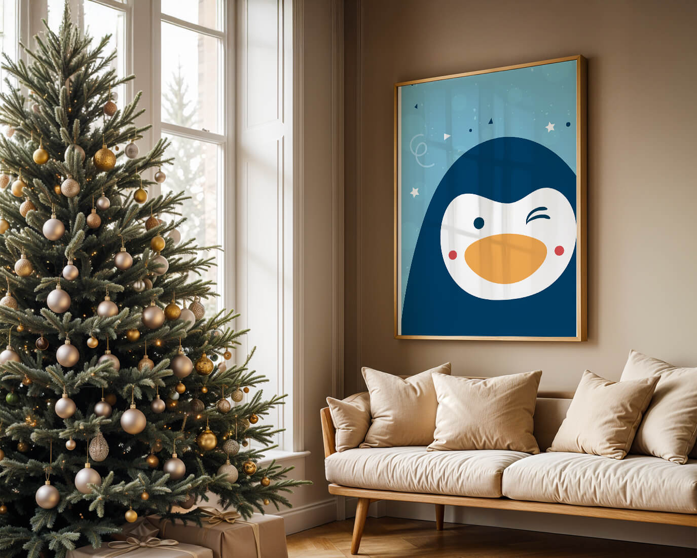 Pingüino de dibujos animados juguetón sobre un fondo azul caprichoso