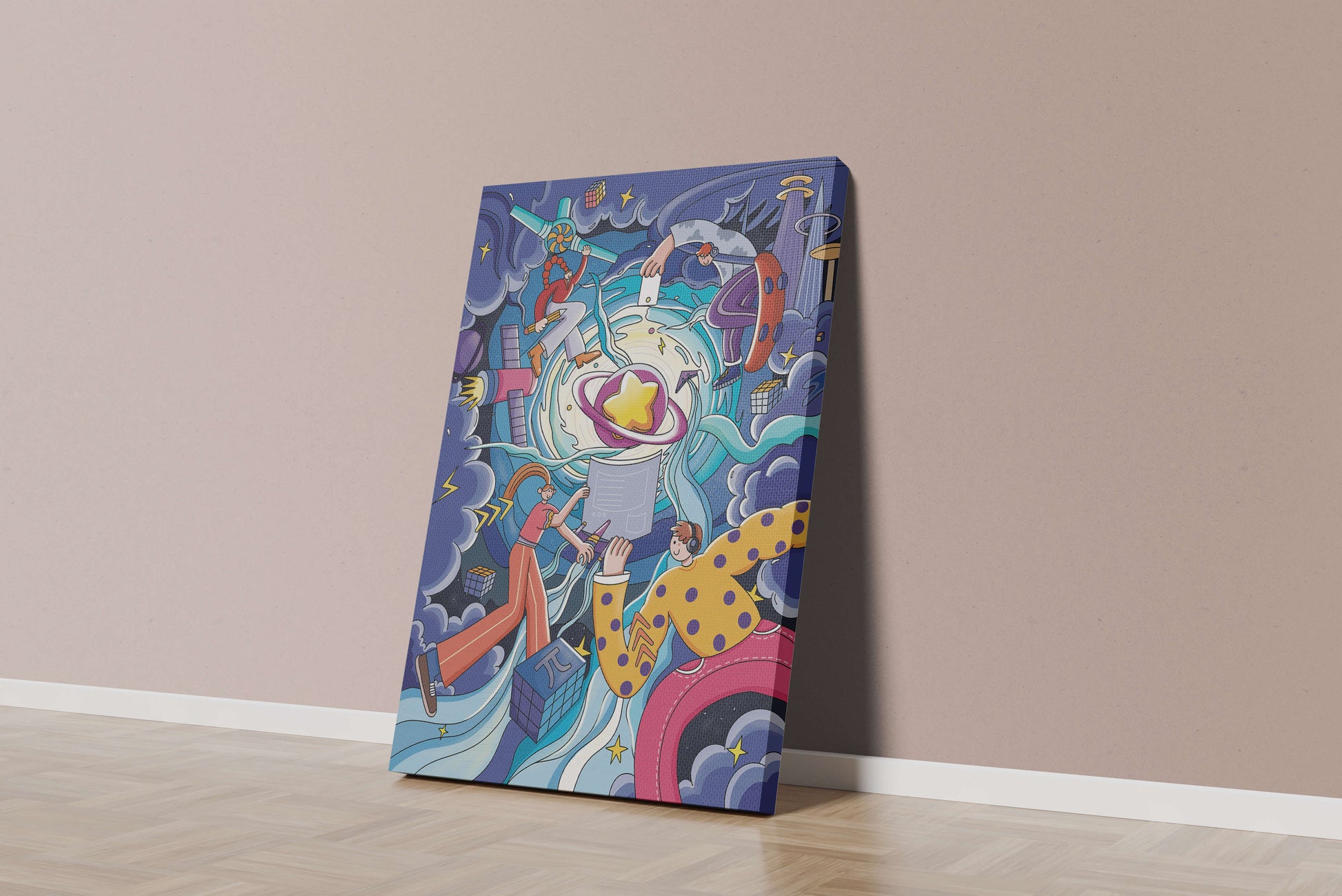 Colorful Cosmic Exploration with Animated Characters and Geometric Shapes