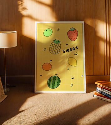 Playful fruit pattern on yellow grid background
