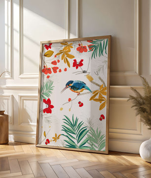 Oiseaux et feuillages colorés dans un décor botanique tropical