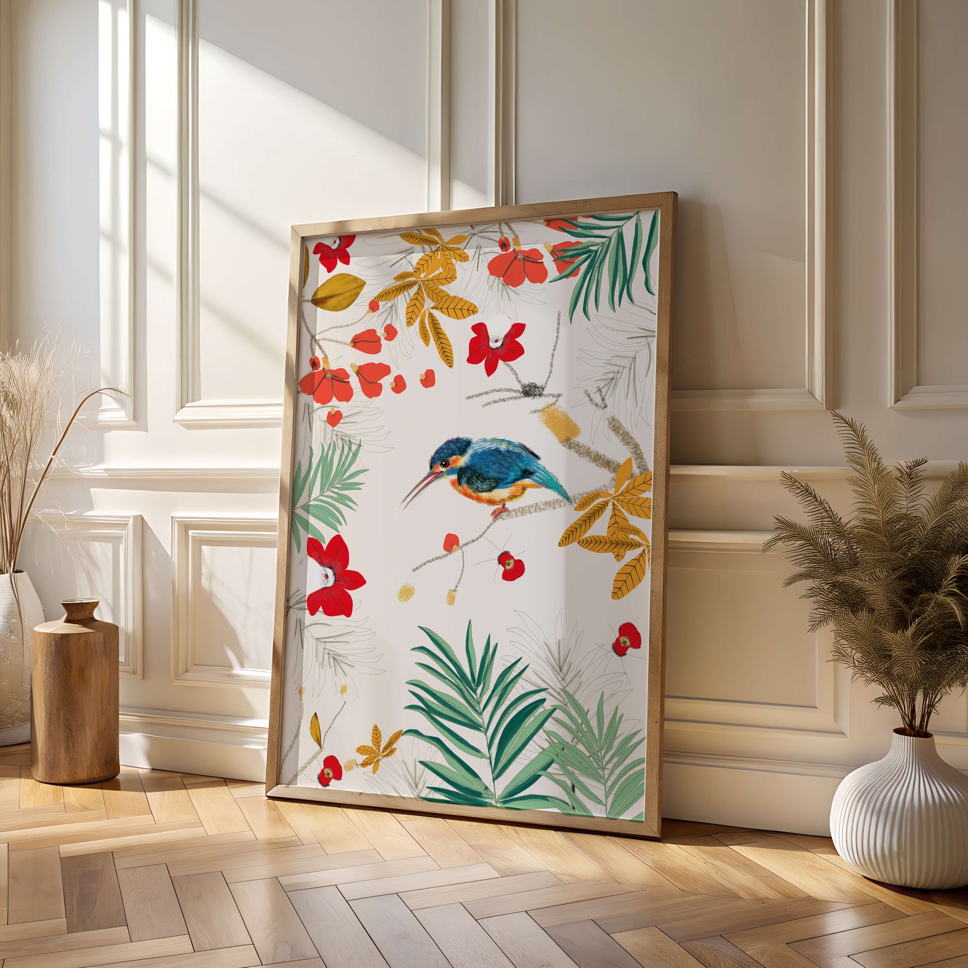 Oiseaux et feuillages colorés dans un décor botanique tropical
