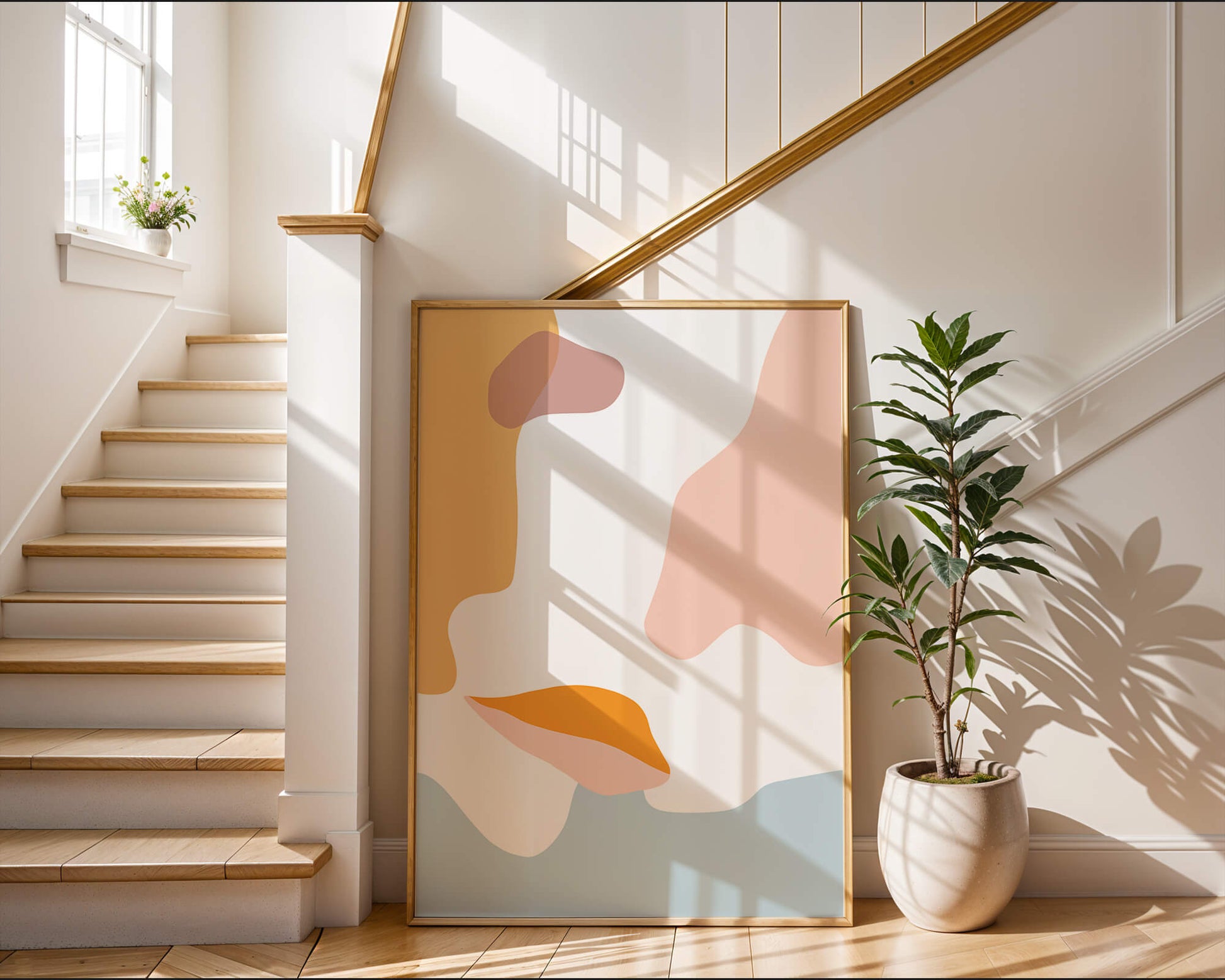 Abstract art with pastel color shapes on white background