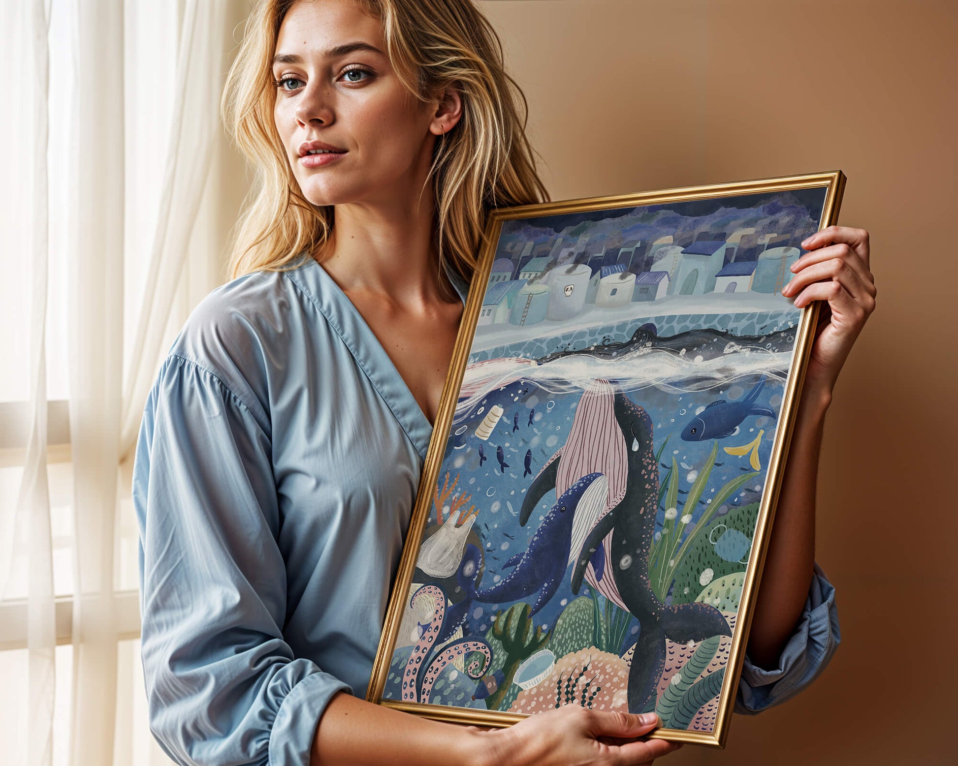 Whimsical Underwater City with Marine Life and Pollution