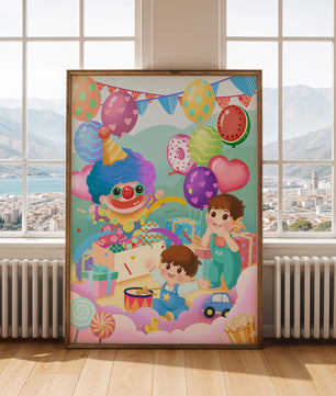 Colorful clown-themed children's party with balloons and toys