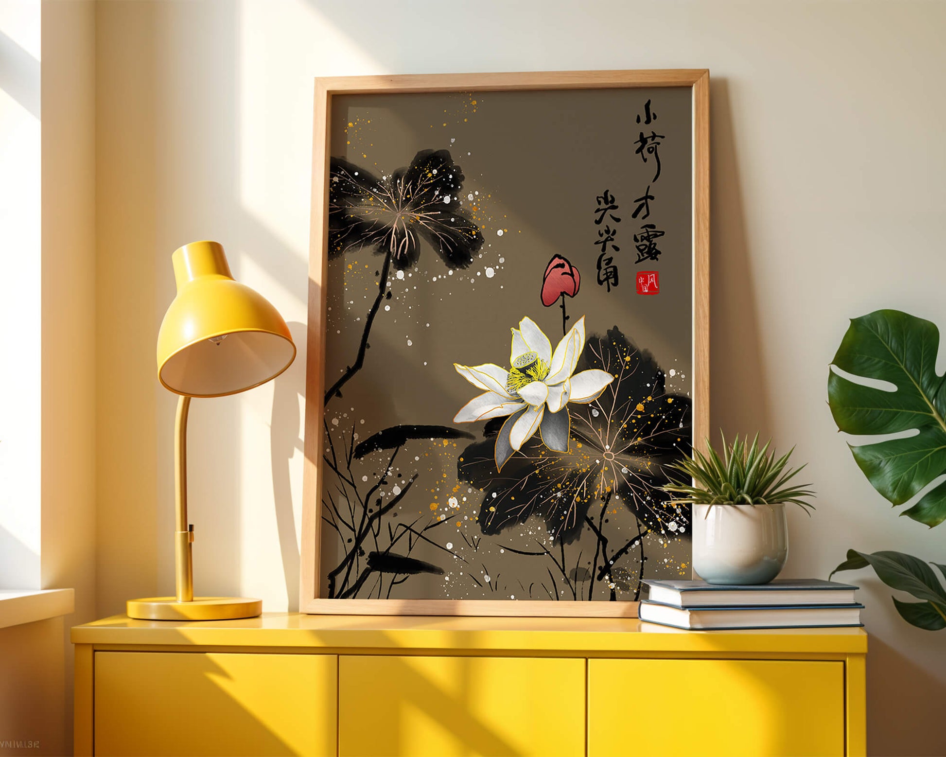 Elegant oriental floral art with gold accents and calligraphy